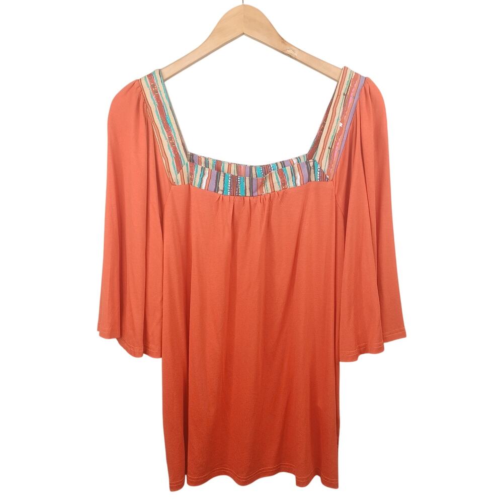 Weekend Suzanne Betro Square Neck Contrast Trim Tunic Size L Orange Flare Boho